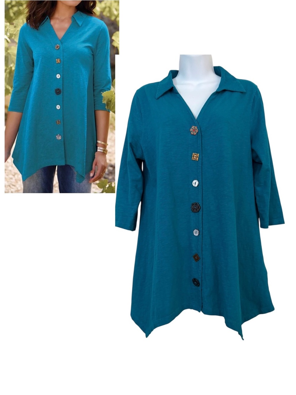 Soft Surroundings Danielle Teal Cotton Tunic Top Size Medium V-Neck Button Front